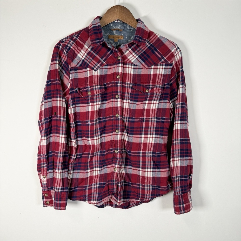 Jachs Girlfriend Women's Small Flannel Shirt Red Plaid Comfort Stretch - Picture 1 of 6